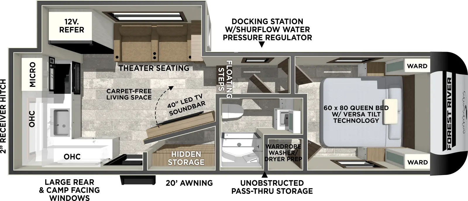 The Impression 235RW has one entry and one slide out. Exterior features include: fiberglass exterior and 20' awning. Interiors features include: rear kitchen and front bedroom.